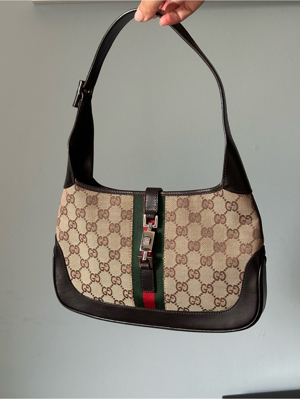Gucci Jackie 1961 GG Canvas Monogram Shoulder Bag with Green & Red Stripe